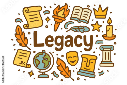 Legacy Symbols Doodle. Legacy. Hand-drawn doodle illustration of Legacy. scroll, torch, open book, quill,
