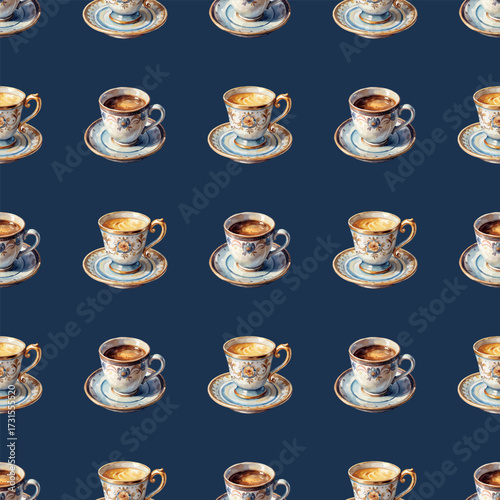 Coffee Cups on Blue Background Classic Watercolor Vector Seamless Pattern