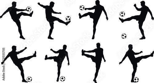 Soccer player silhouette collection, football athlete kicking ball, sports vector design, black illustration, action movement graphic, training symbol, competition artwork, game icon