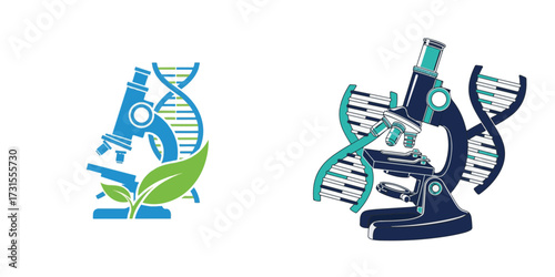 Two Scientific Illustrations Featuring Microscopes, DNA Helices, and a Leaf Symbolizing Biotechnology Research