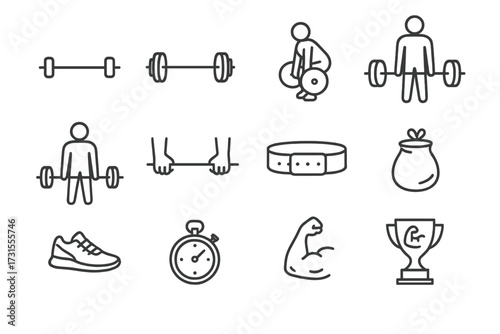 Deadlift Icon Set. Deadlift Strength Training. Line outline icon set of Deadlift Strength Training: barbell on