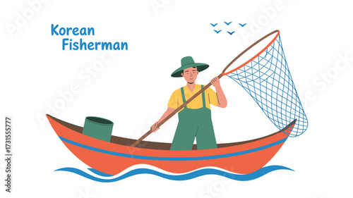 Korean Fisherman Cartoon Illustration Man in Boat with Net, Fishing, Water, and Flying Birds Depicts Maritime Occupation and Cultural Heritage