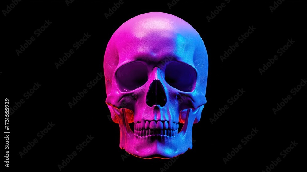 Obraz premium 3 d render of a skull with vibrant pink and blue lighting against black