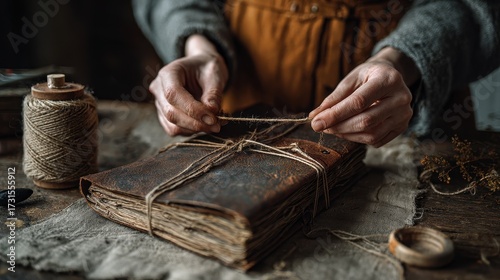 Timeless Craft: Intimate view of aged hands carefully binding an antique book, weaving rustic twine, and embodying history. 