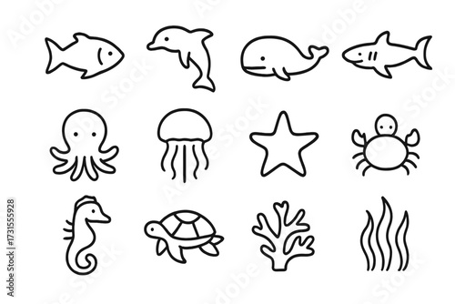 Aquatic Life Icons. Aquatic Life. Line outline icon set of Aquatic Life: fish, dolphin, whale, shark, octopus,
