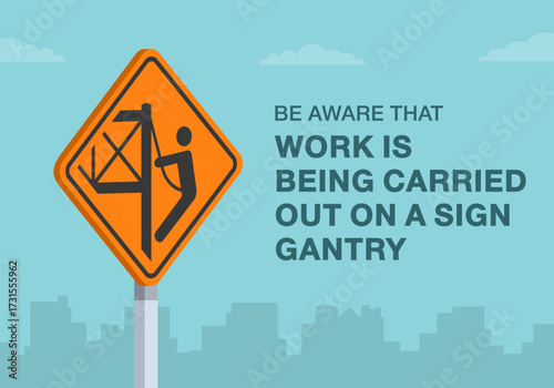 Safe driving tips and traffic regulation rules. Close-up of canadian "work on a sign gantry" sign meaning. Work is being carried out on a sign gantry. Flat vector illustration template.