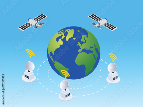 Global Telecommunication Network and Satellite Technology 3d isometric vector illustration