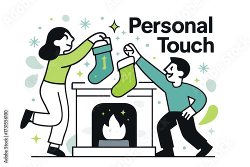 Glowing Stockings Display. Hanging stockings by the fireplace. Stockings glowing with initials embroidered,