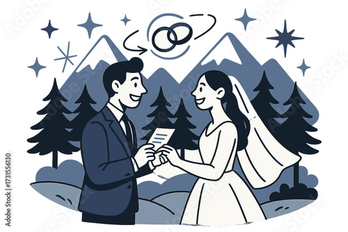 Majestic Mountain Vows. Mountain wedding. A glowing couple exchanging vows in front of tall mountains and pine