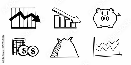 Collection of financial icons including graphs, money bag, piggy bank and coins in black and white