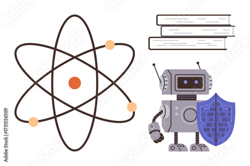 Atom model with orbiting particles, a robot holding a binary shield, and stacked books. Ideal for education, AI, science, knowledge, research innovation and STEM. Simple flat metaphor