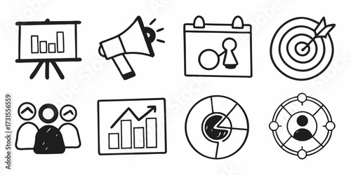 Illustration of business icons including charts, target, team, calendar, and megaphone in black and white