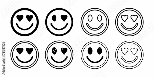 Collection of eight different smiley faces with varying eye styles and line thicknesses in black and white