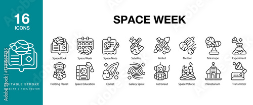 Space Week icon set. Includes week, holiday, event, copy space, month and More. Editable Stroke Icon Collection.