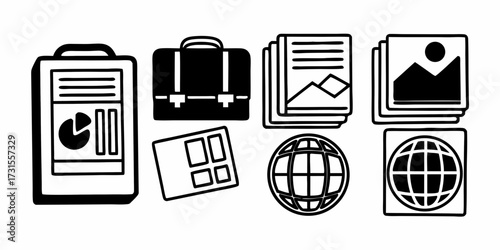 Illustration of business icons including a briefcase, globe, documents, and a data chart on a clipboard
