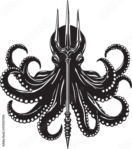 Print Octopus with trident in dynamic black and white vector illustration for marine and mythological themes