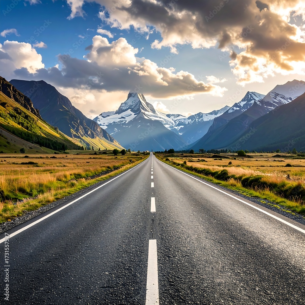 Naklejka premium Scenic highway leads to majestic snow-capped peaks under a dramatic sky