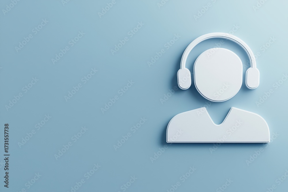 Fototapeta premium A minimalist icon representing a person with headphones, symbolizing communication and technology, set against a soft blue background.