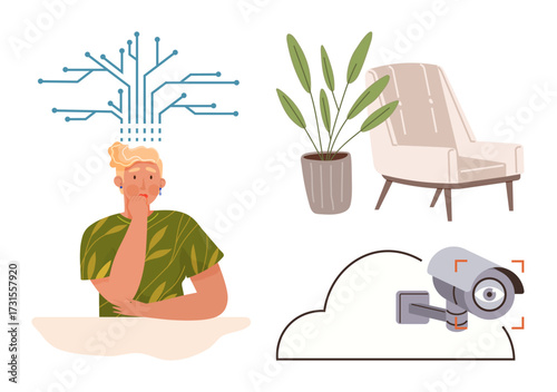 Person contemplating AI integration with circuit mind, modern furniture, potted plant, cloud-based surveillance camera. Ideal for technology, innovation, security, home, safety smart systems simple