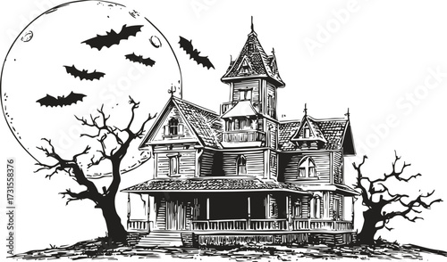 Haunted house with full moon and bats, spooky vintage Halloween illustration for posters, cards, gothic holiday design projects.
