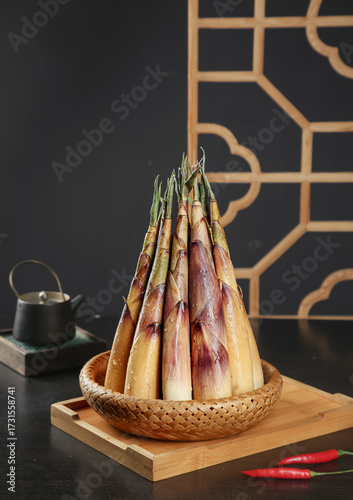 Fresh Bamboo Shoots in Woven Basket - Asian Cuisine Ingredient Food Photography