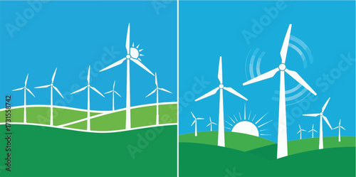 Renewable Wind Energy Turbines on Green Hills Under Blue Sky with Sun