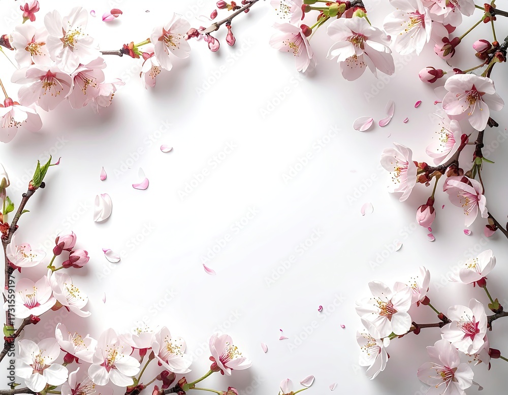 Obraz premium Delicate pink blossoms frame a white background
