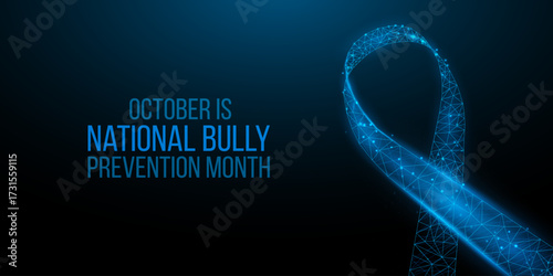 National Bully Prevention month concept. Banner template with glowing low poly blue ribbon. Vector illustration.