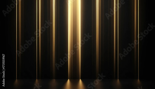 Golden light beams shining from above on a dark reflective surface