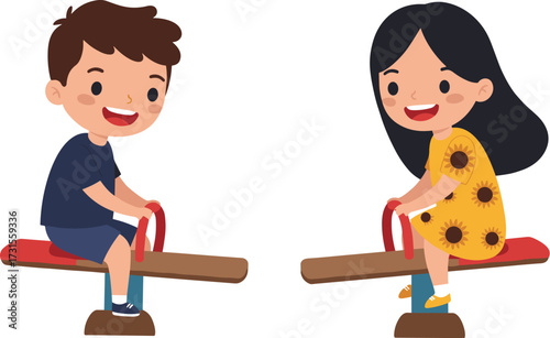 Happy kids playing on a seesaw at the playground, young boy and girl having fun together, playful childhood, outdoor game.