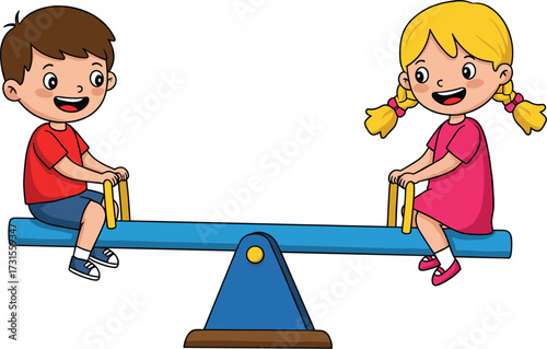 Happy kids playing on a seesaw at the playground, young boy and girl having fun together, playful childhood, outdoor game.