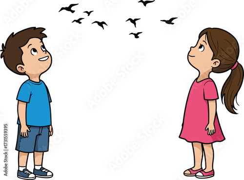 Curious kids watching birds fly, young boy and girl looking up at flock, childhood wonder and imagination, nature observation.
