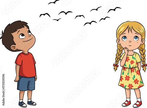 Curious kids watching birds fly, young boy and girl looking up at flock, childhood wonder and imagination, nature observation.