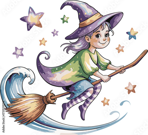 Whimsical watercolor witch flying on a broomstick under a starry sky
