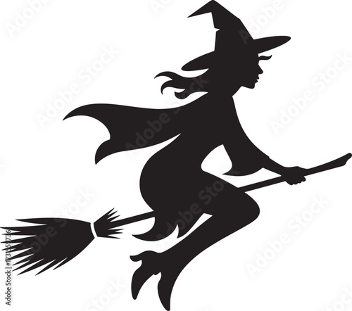 witch flying on a broomstick Silhouette against a white background