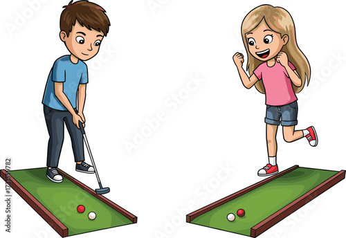 Happy kids playing mini golf, young boy and girl enjoying a fun outdoor game, playful competition, leisure and sport.
