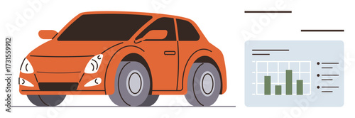 Orange compact car alongside performance data chart featuring bar graphs and text. Ideal for automotive analysis, business, finance, innovation, research, transportation, simple flat metaphor