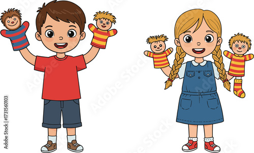 Cheerful kids performing a puppet show, happy boy and girl playing with hand puppets, fun childhood activity, creative play.