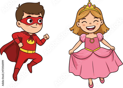  Happy kids in costumes, young boy dressed as a superhero and girl as a princess, playful childhood imagination, fantasy and fun.