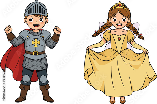  Happy kids in costumes, young boy dressed as a superhero and girl as a princess, playful childhood imagination, fantasy and fun.