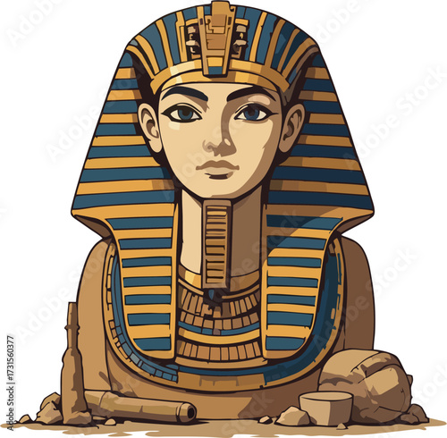 Pharaoh Bust Archaeology Vector with Egyptian Ruins, Easy Tracing Art