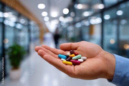 Person Holding a Colorful Assortment of Pills in Their Hand Against a Neutral Background Highlighting the Importance of Medication and Health Awareness