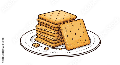 Delicious stack of square crackers on a plate, enticing snack illustration