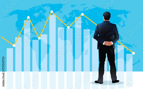 Businessman standing and looking at falling diagram. Economic and financial crisis in the world. Concept business illustration. Vector