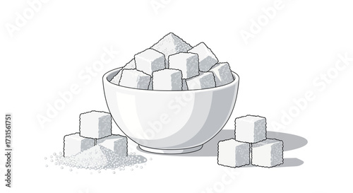 A bowl full of sugar cubes and granulated sugar symbolizing sweetness and unhealthy diets posing