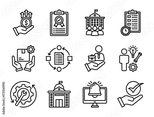 Collection of Business Continuity icons, related to advantage, standard, planning, product management, procedure and more. Outline icons vector illustation.