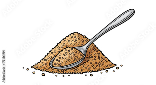 Illustration of a pile of brown sugar with a spoon on a white background isolated