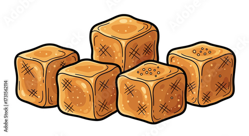 Stylized illustration of five caramel cubes arranged together on a white background