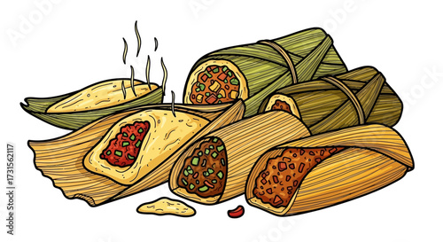 Delicious assorted tamales with various fillings illustration for food concepts or cultural