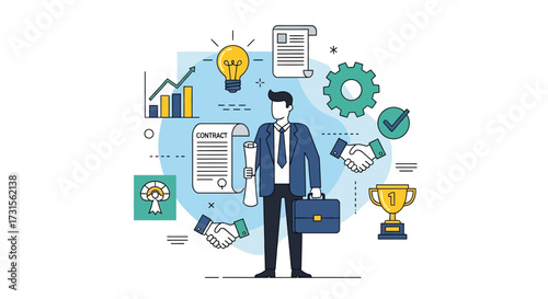 Business success with an entrepreneur surrounded by symbols of business achievements